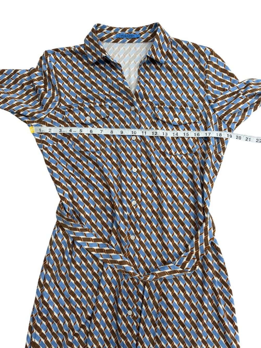J. McLaughlin Womens Size L Shirt Dress Belted Button-Up Geometric Blue Brown - Picture 7 of 8